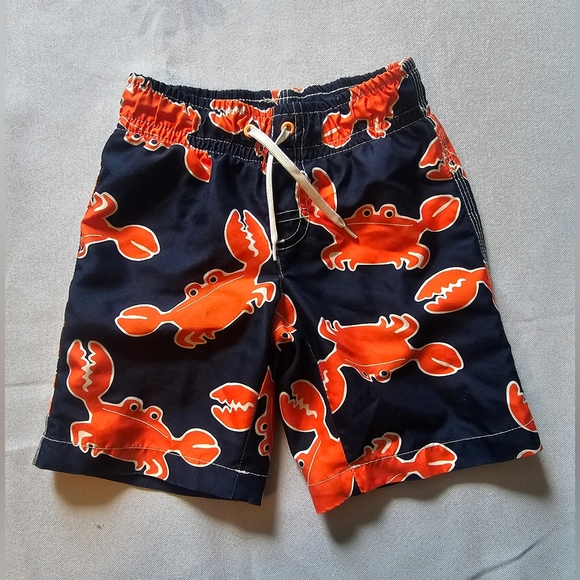 Crazy 8 Boys 3T Navy Blue & Orange Crab Swim Trunks, Drawstring Waist - Picture 1 of 5